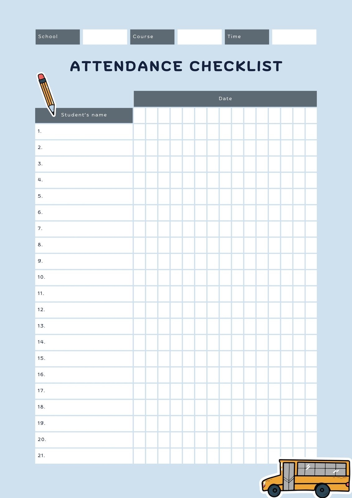 Blank Free Printable Attendance Sheet