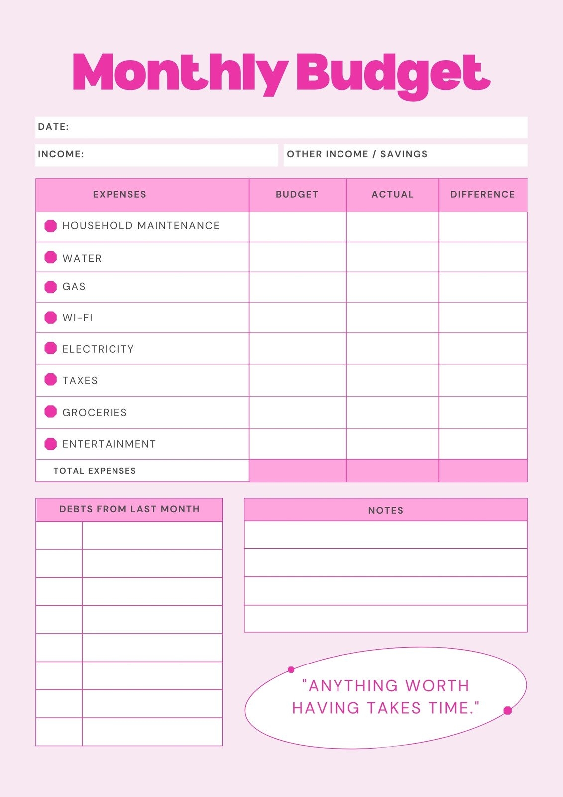 Free Blank Printable Budget Worksheets