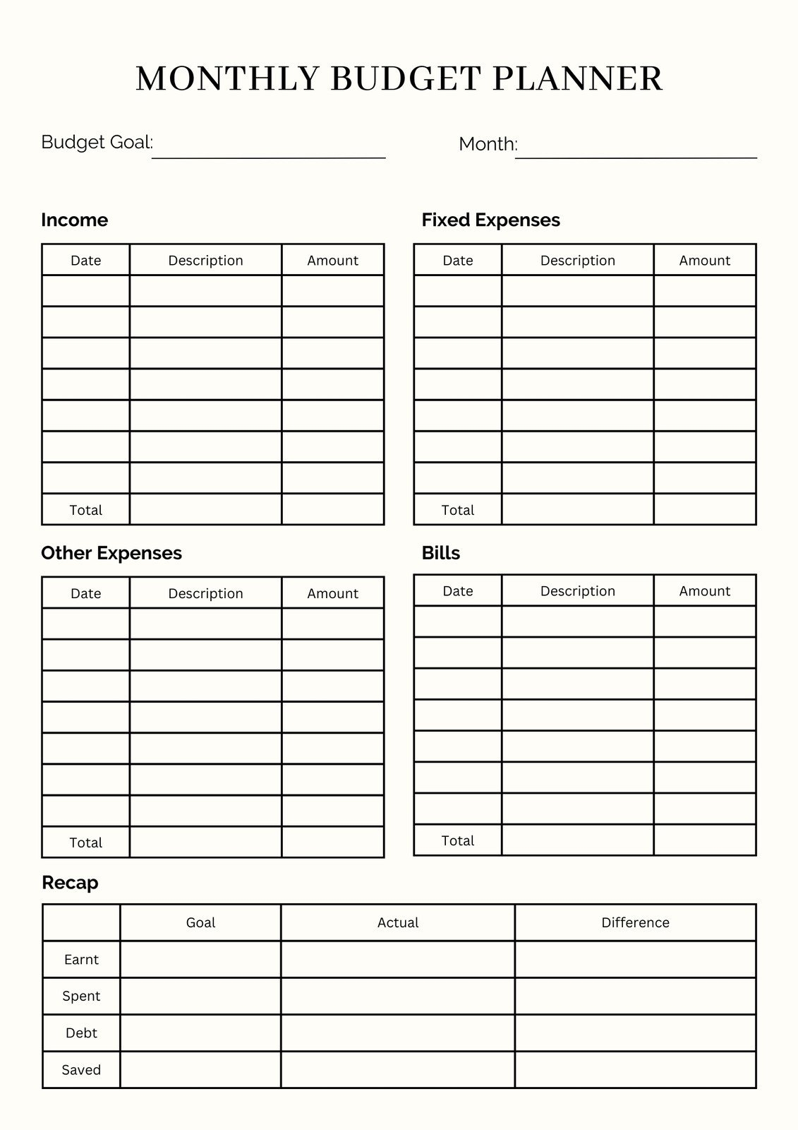 Blank Weekly Budget Free Printable