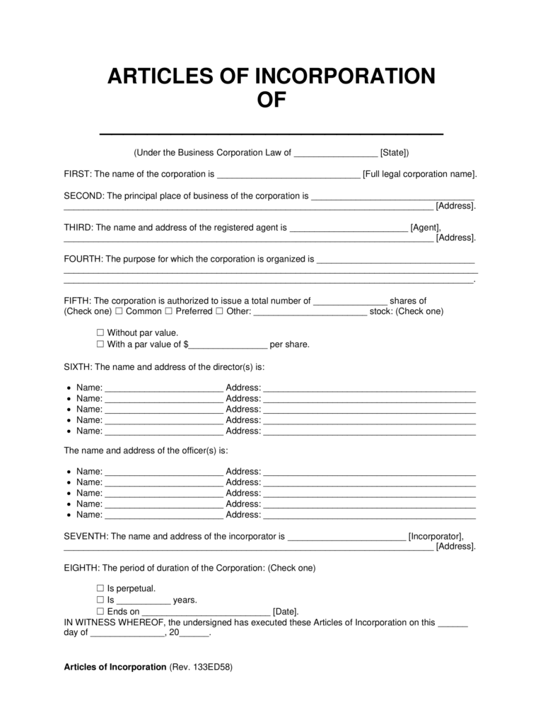 Free Articles Of Incorporation Template PDF U0026 Word