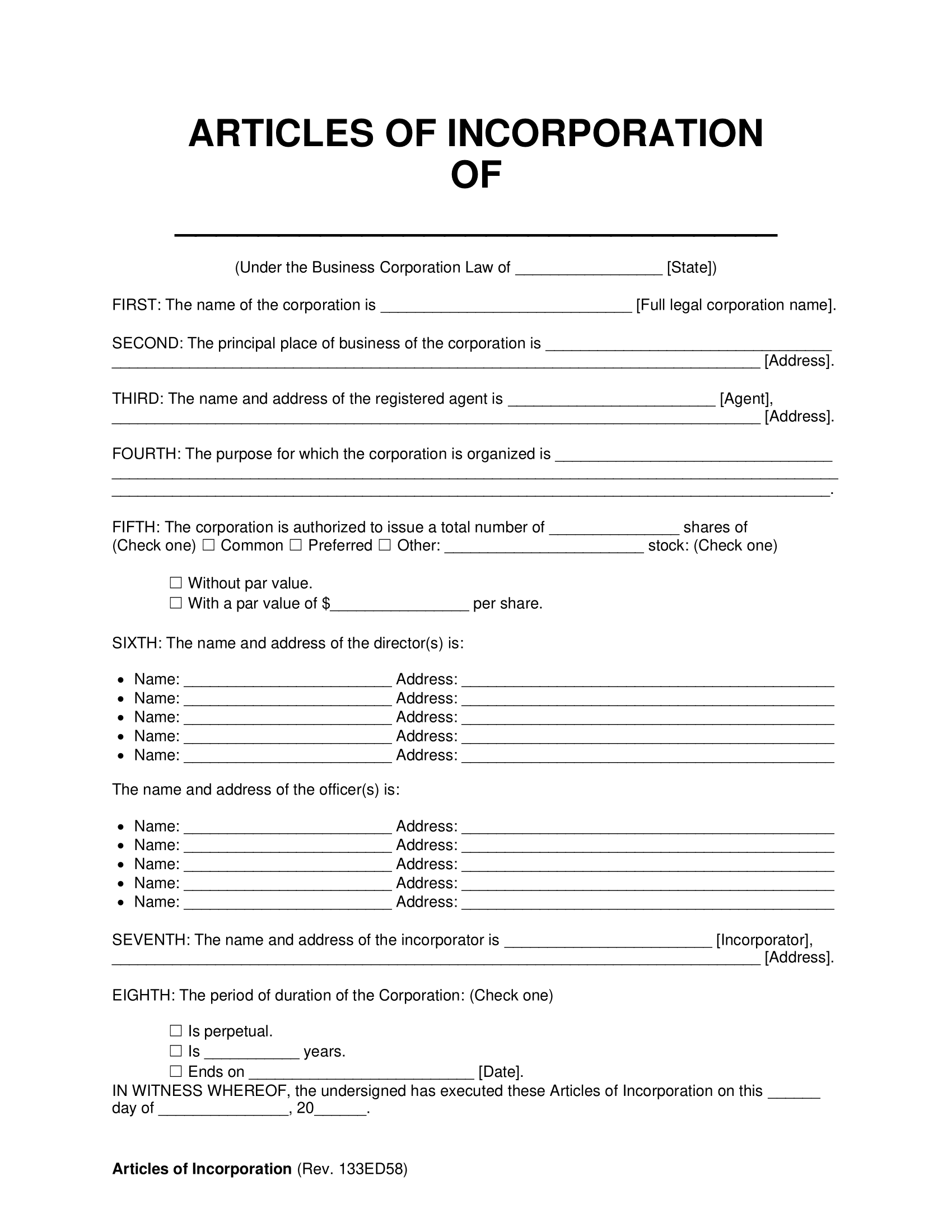 Free Articles Of Incorporation Template PDF U0026 Word Free Articles Of Incorporation Template PDF U0026 Word