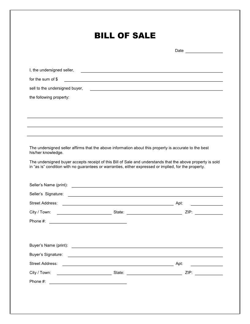Blank Free Bill Of Sale Printable