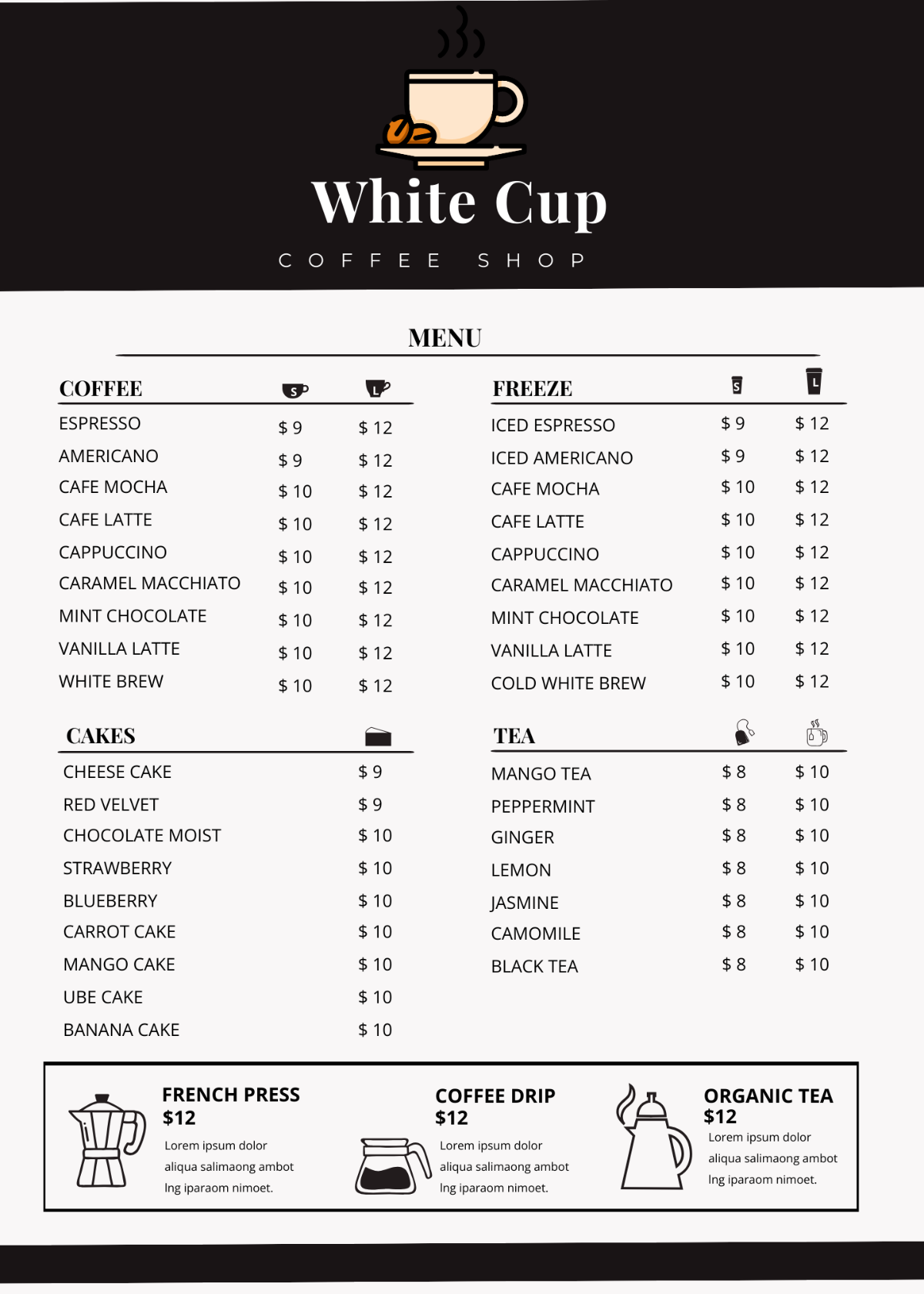 Free Coffee Shop Menu Templates Editable And Printable