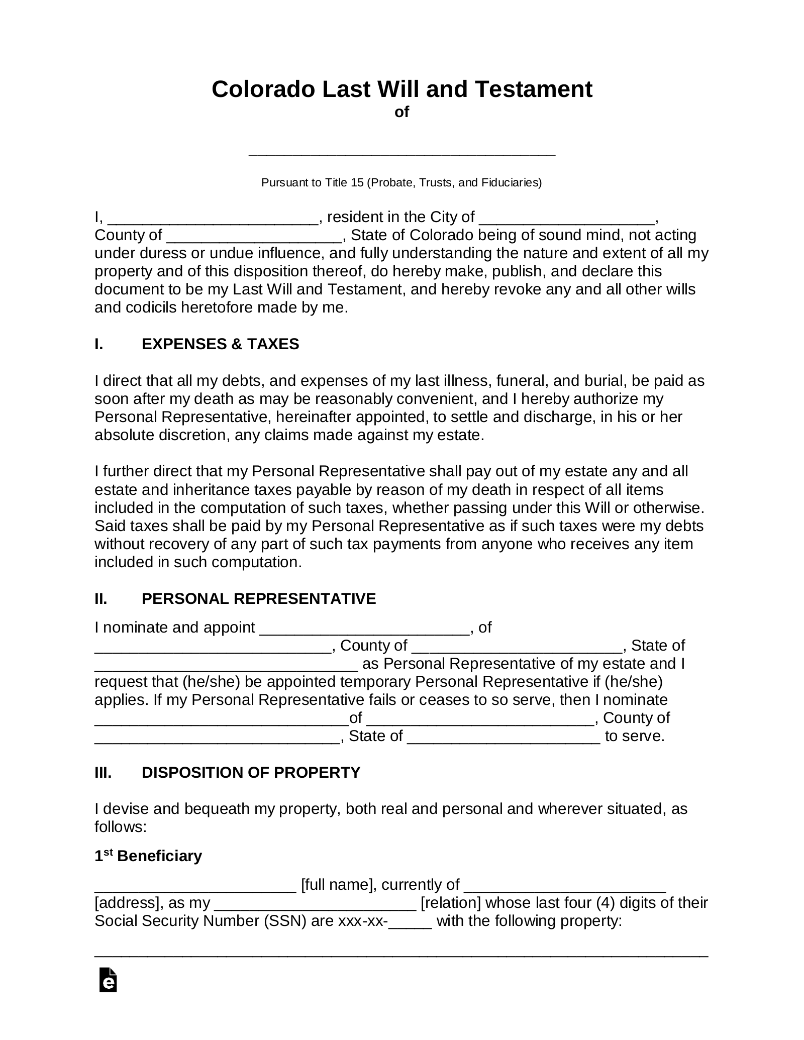 Free Colorado Last Will And Testament Template PDF Word EForms
