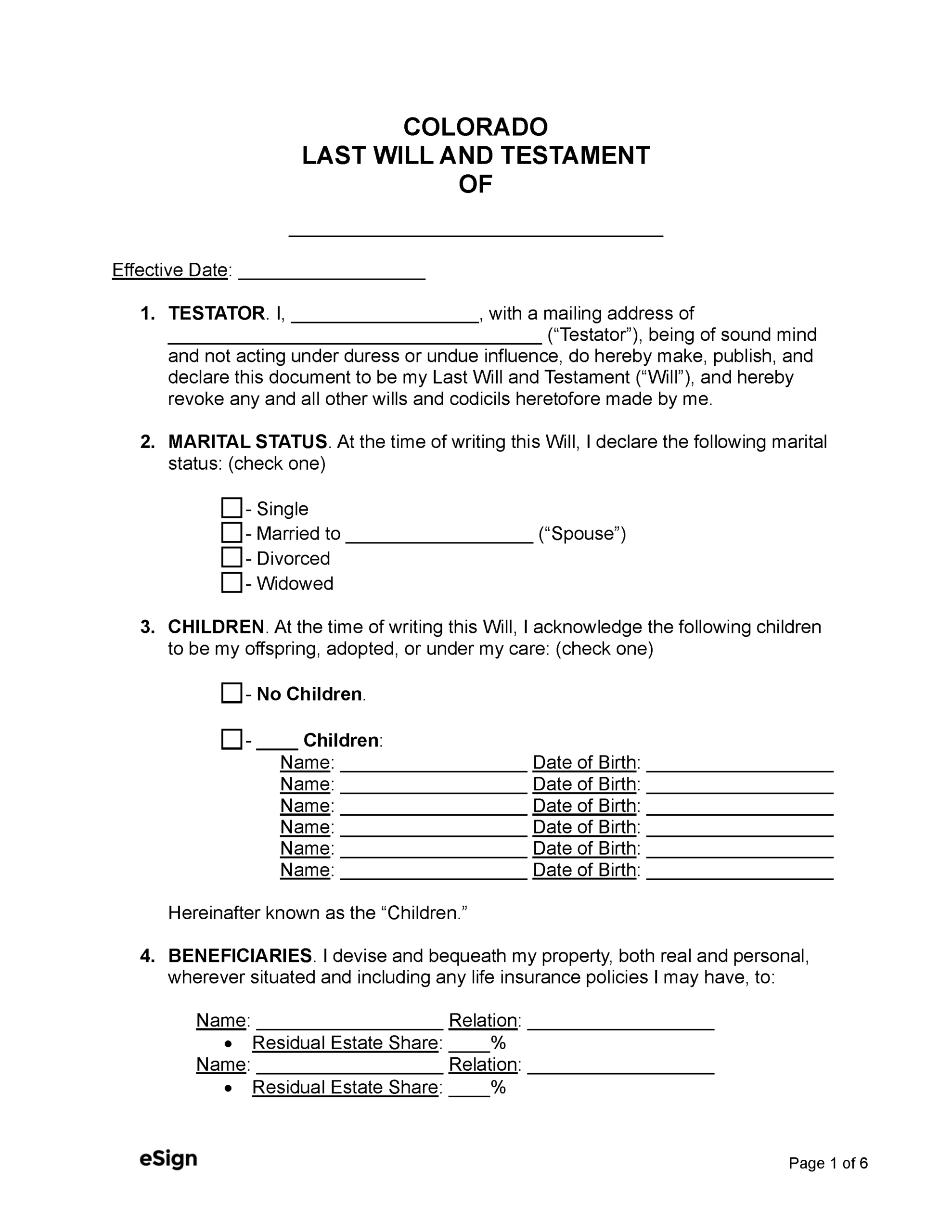 Free Colorado Last Will And Testament Template PDF Word