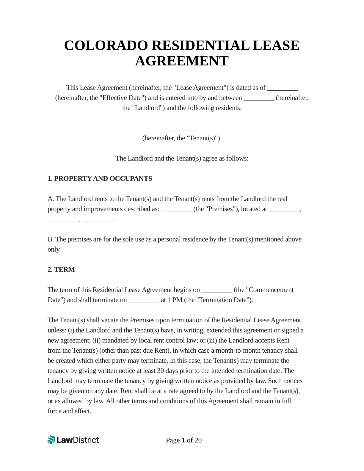 Colorado Lease Agreement Blank Printable Free