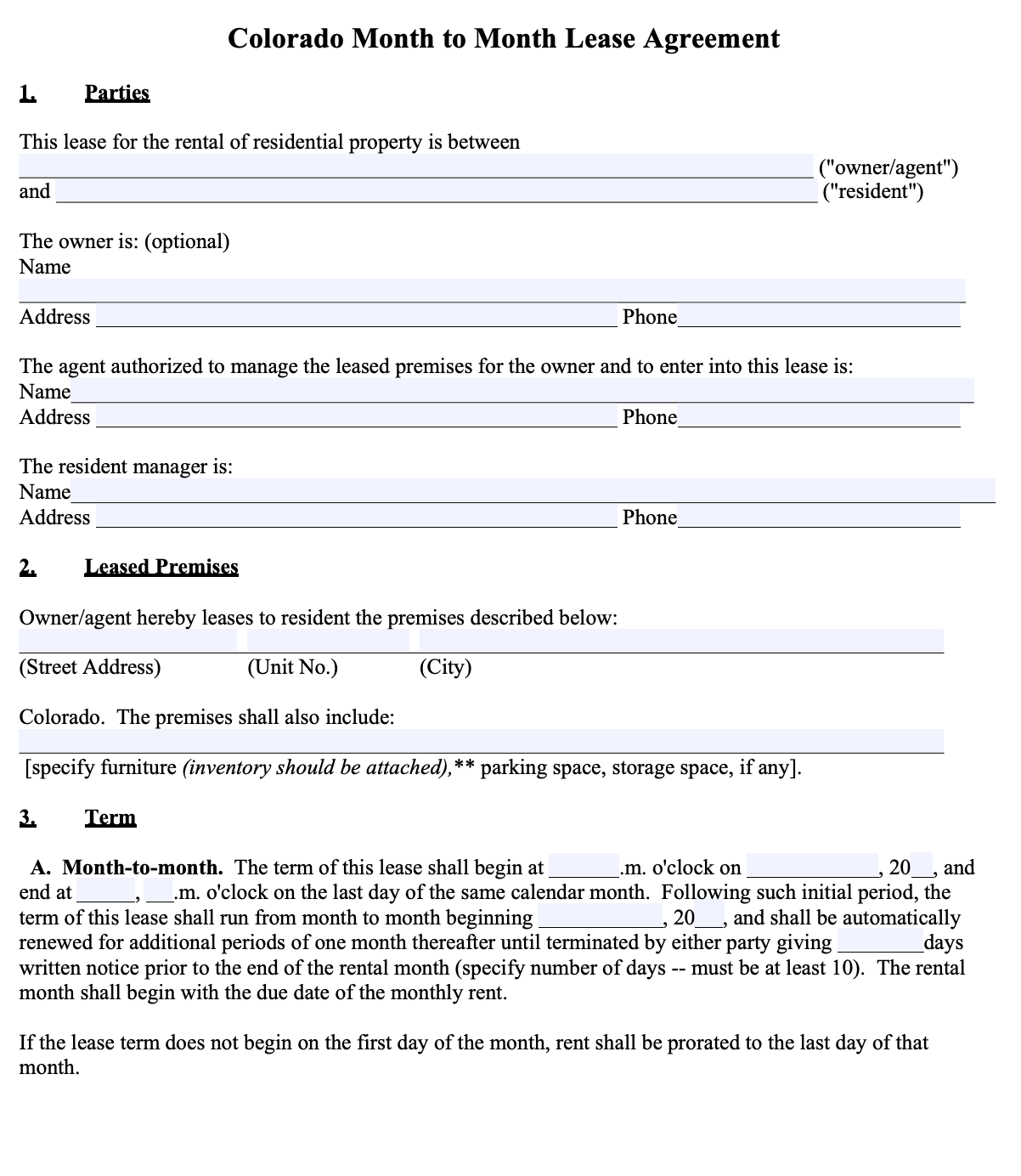 Free Colorado Rental Lease Agreement Templates PDF Word