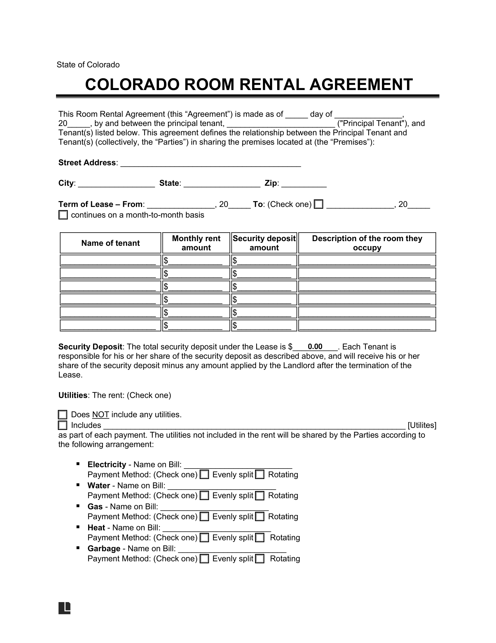 Free Colorado Room Rental Agreement Template PDF U0026 Word