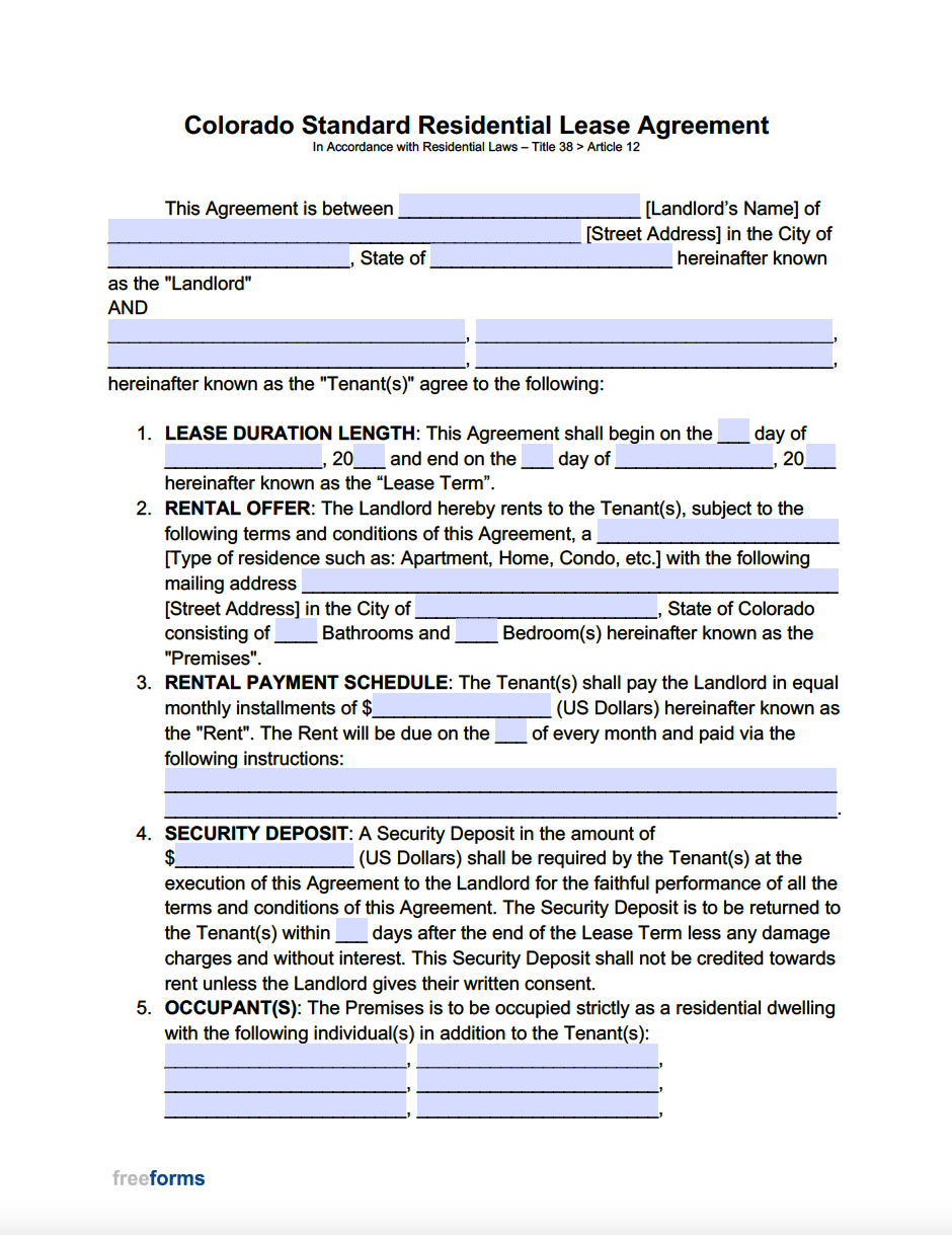 Free Colorado Standard Residential Lease Agreement Template PDF Word