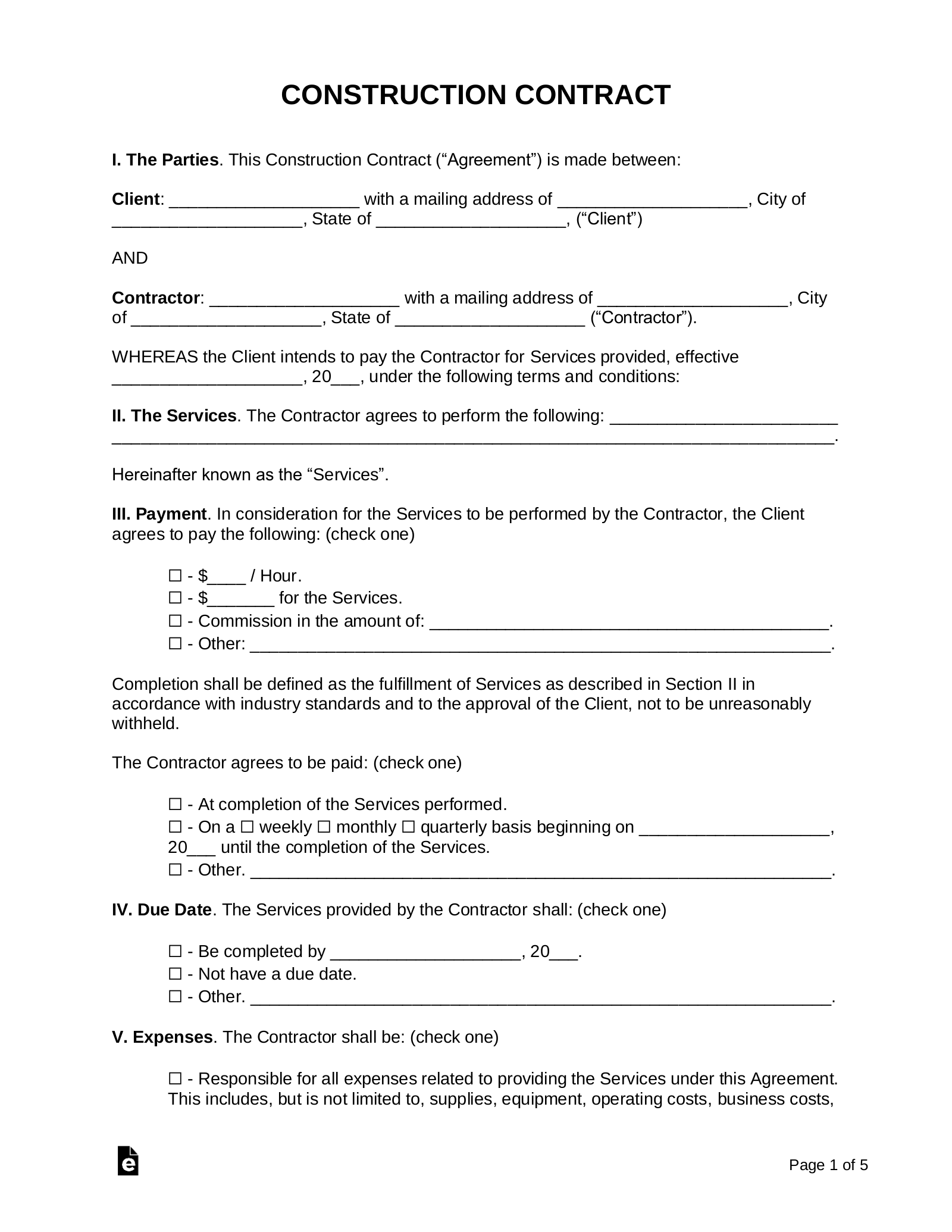 Free Construction Contract Template Sample PDF Word EForms