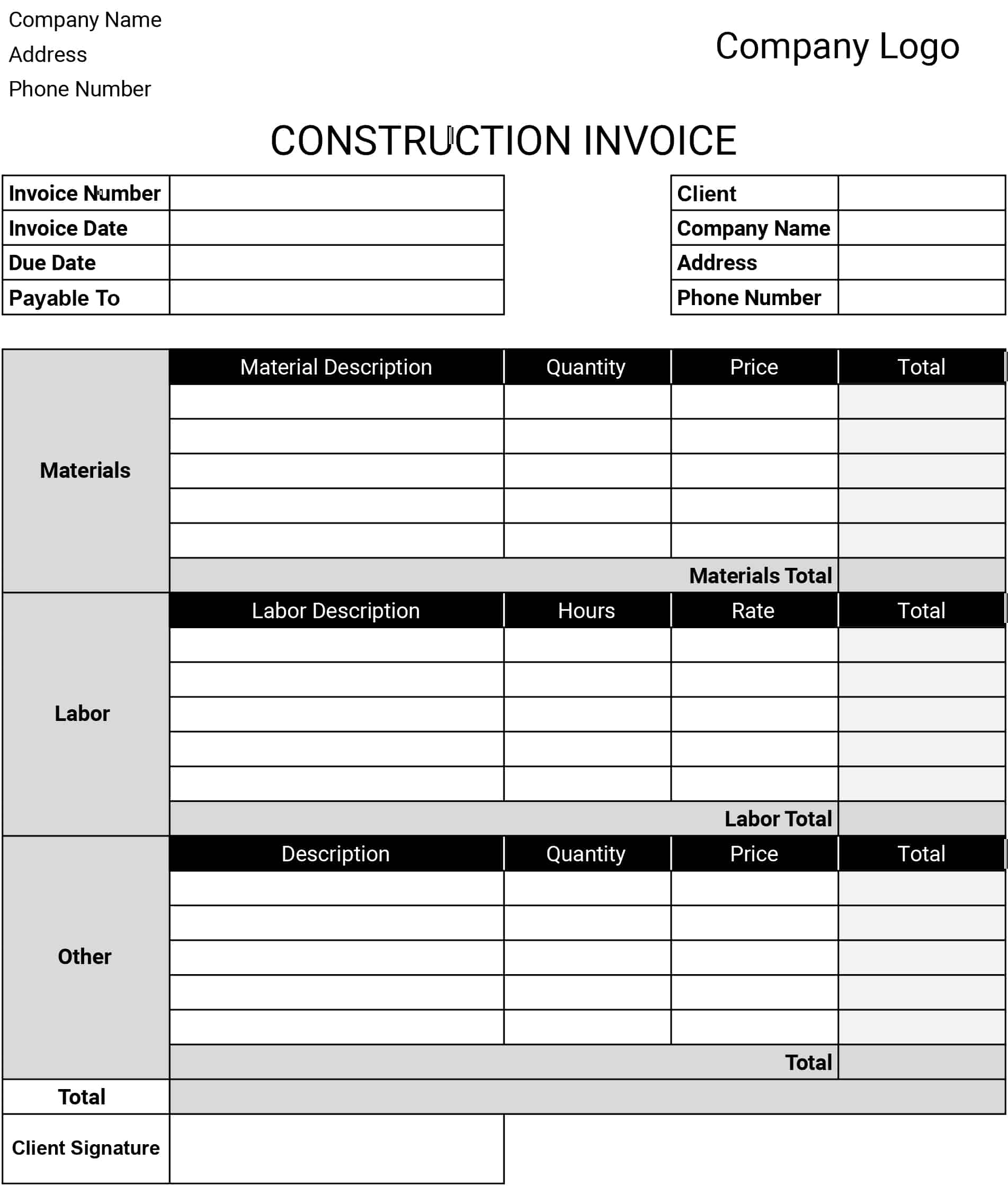 Free Construction Invoice Templates Download Print In PDF Free Construction Invoice Templates Download Print In PDF