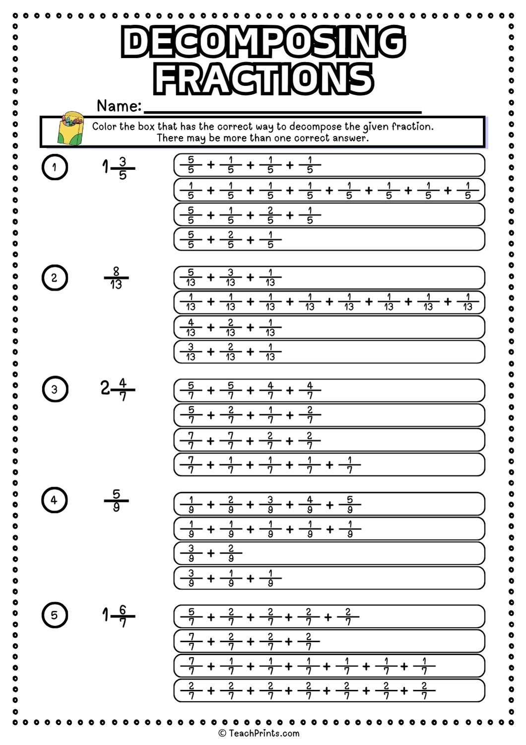 Free Printable Worksheets Decomposing Fractions Worksheets