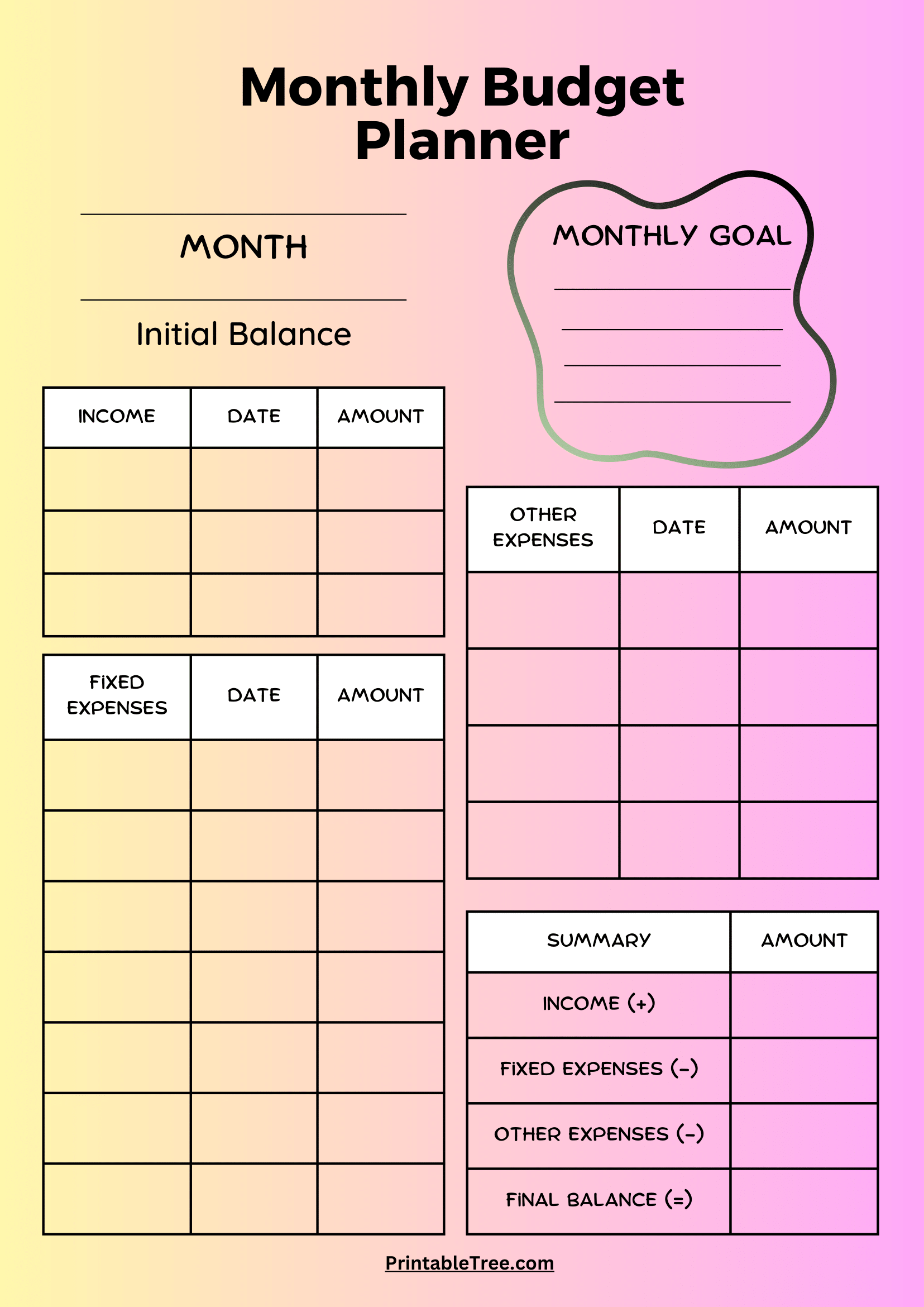 Blank Printable Monthly Budget Charts Free
