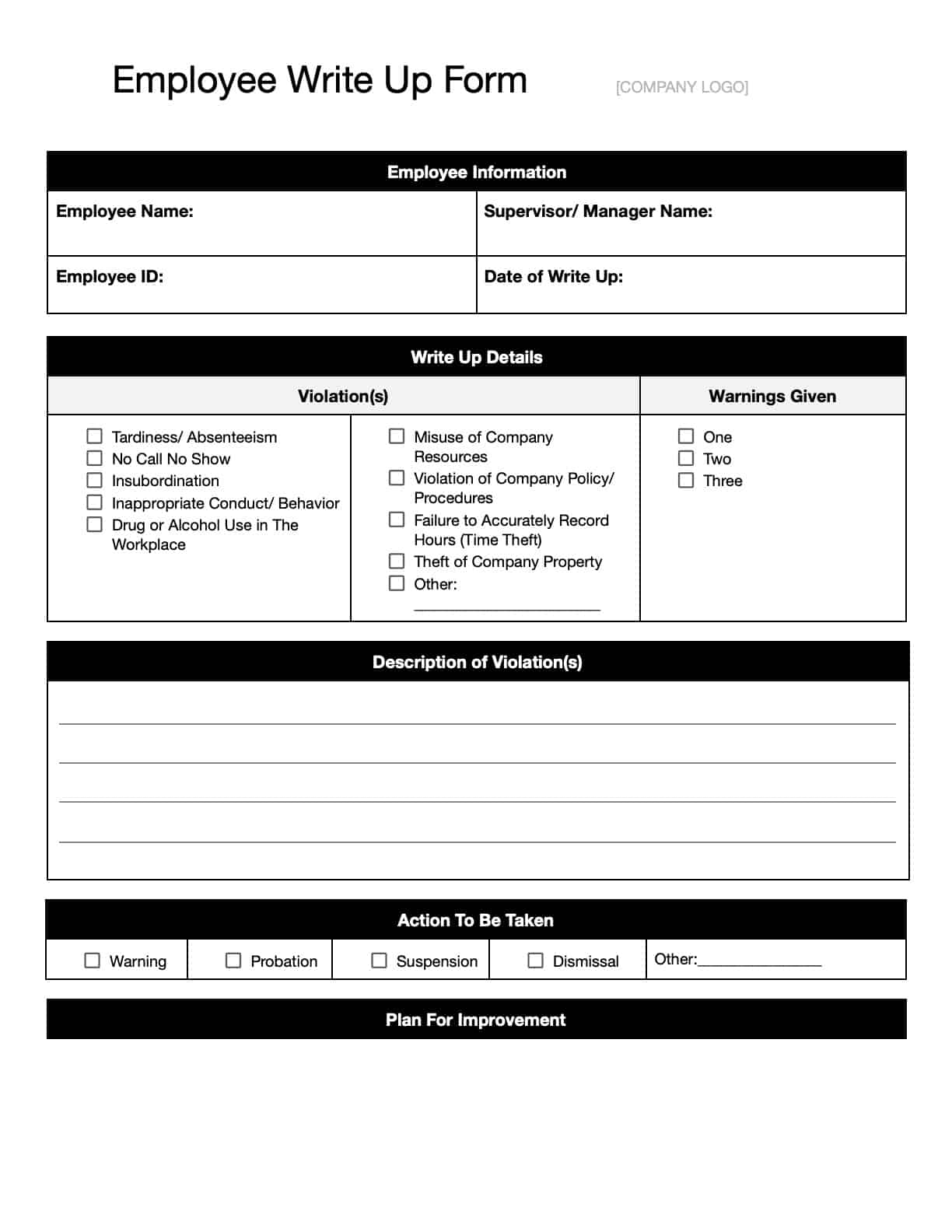 Free Employee Write Up Forms And Templates Download Print In 