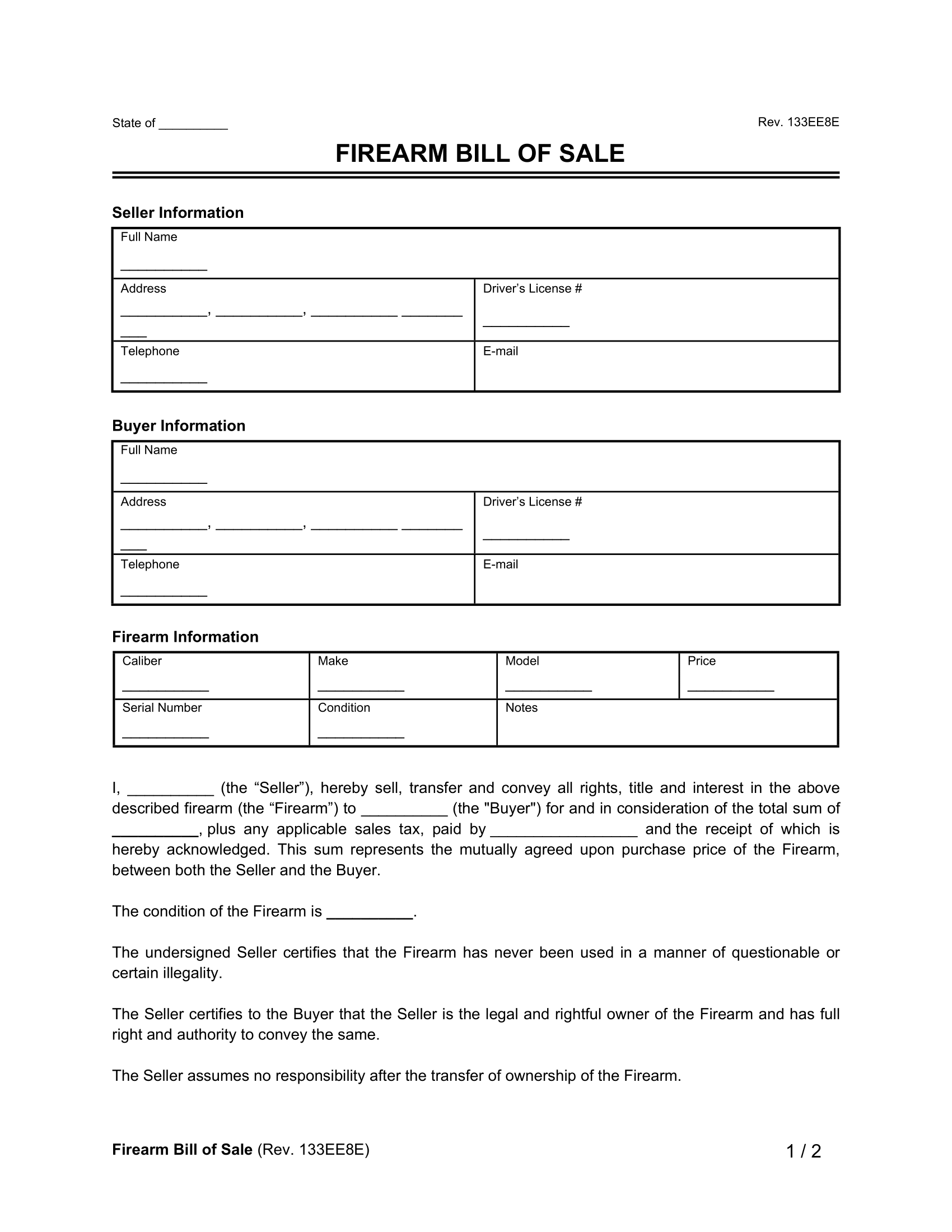 Free Firearm Gun Bill Of Sale Form PDF U0026 Word Templates