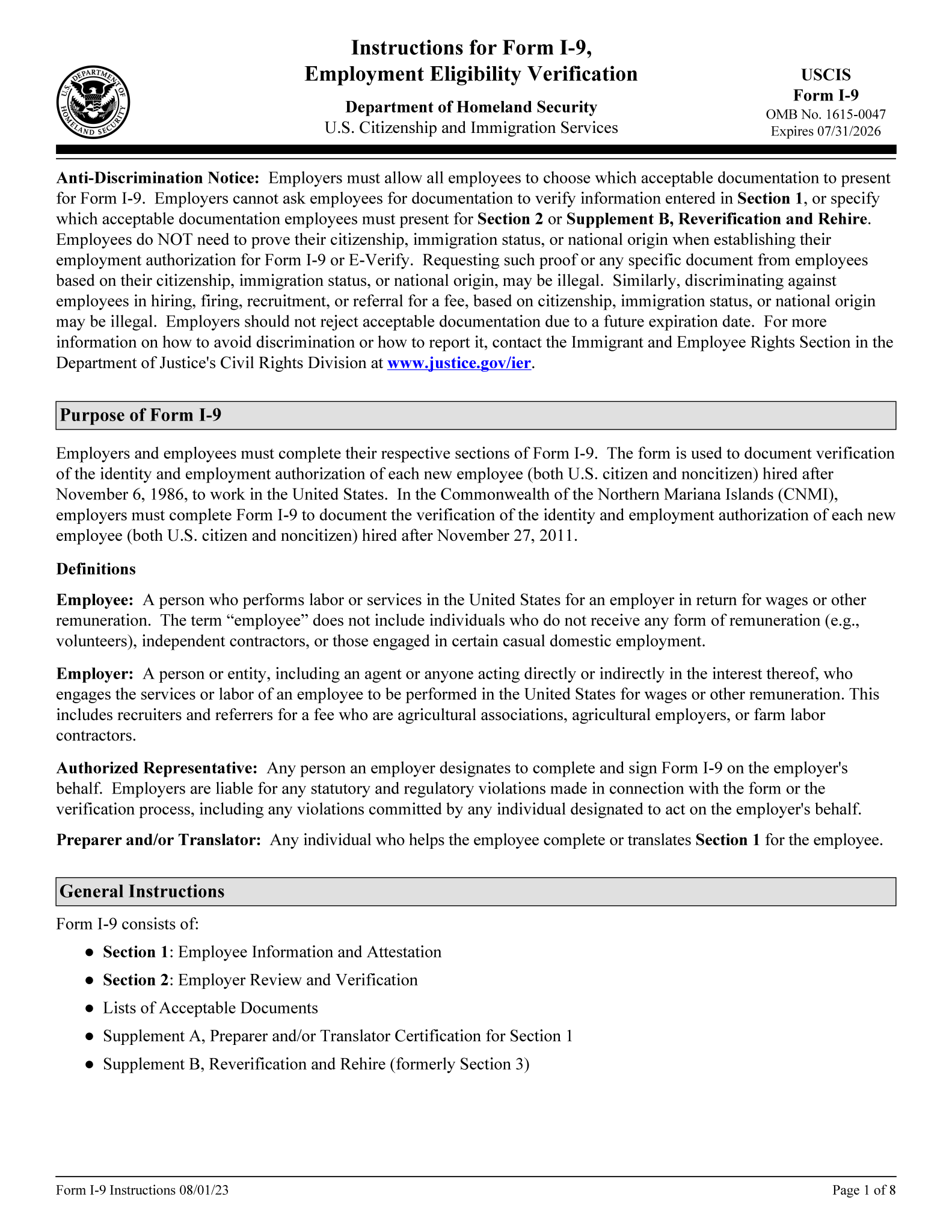 Free Form I 9 Employment Eligibility Verification PDF