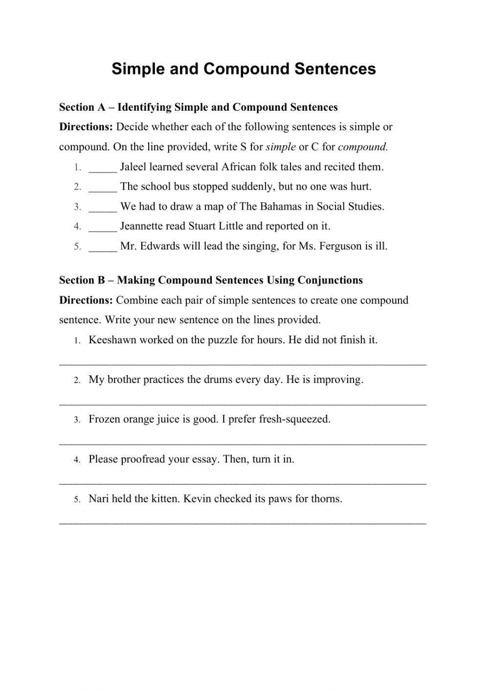 Free Printable Worksheets Compound Sentences