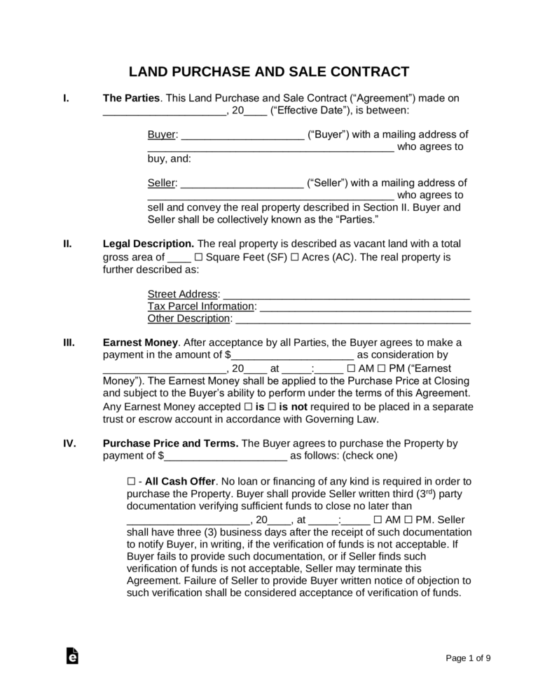 Free Land Contract Template Residential U0026 Commercial PDF Word EForms