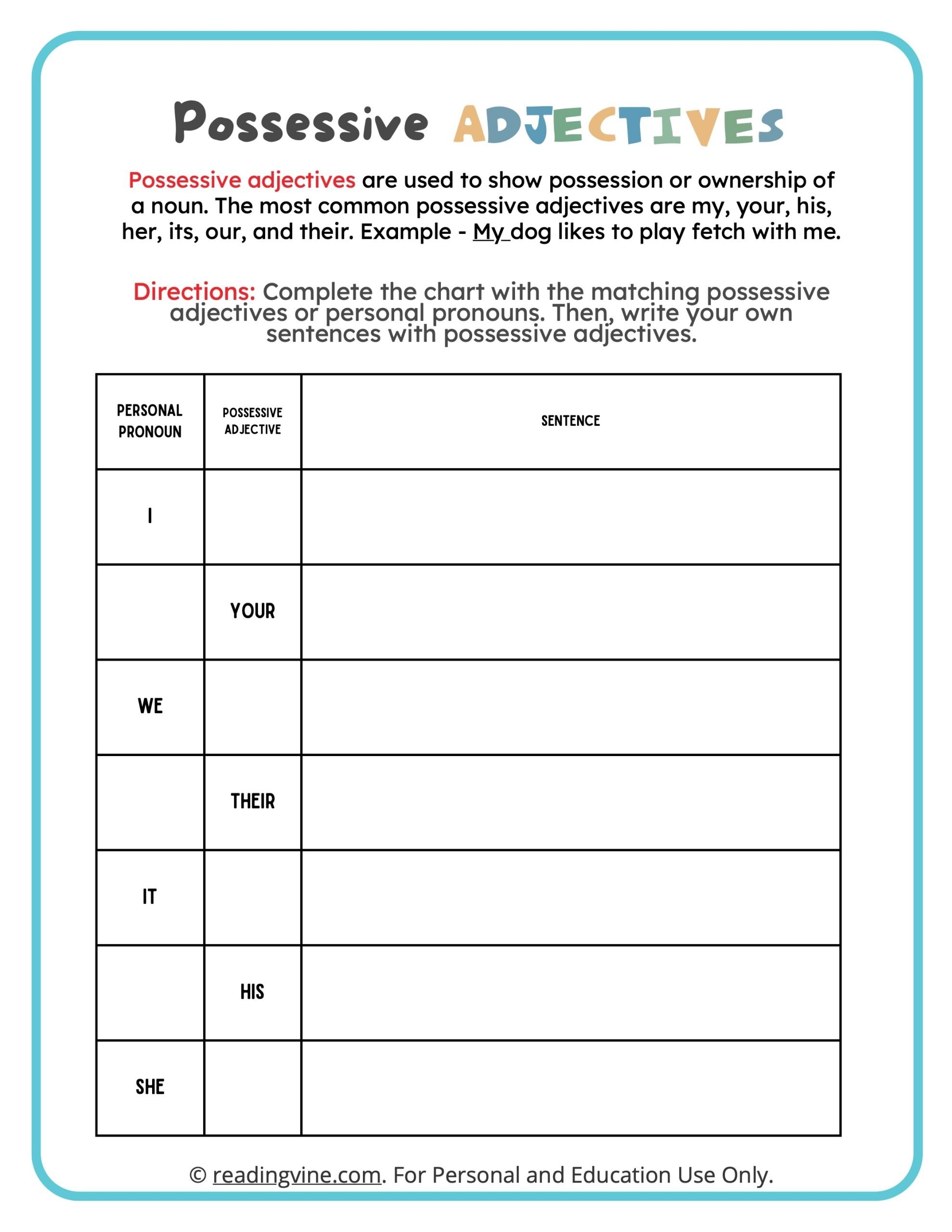Free Printable Worksheets On Possessive Adjectives