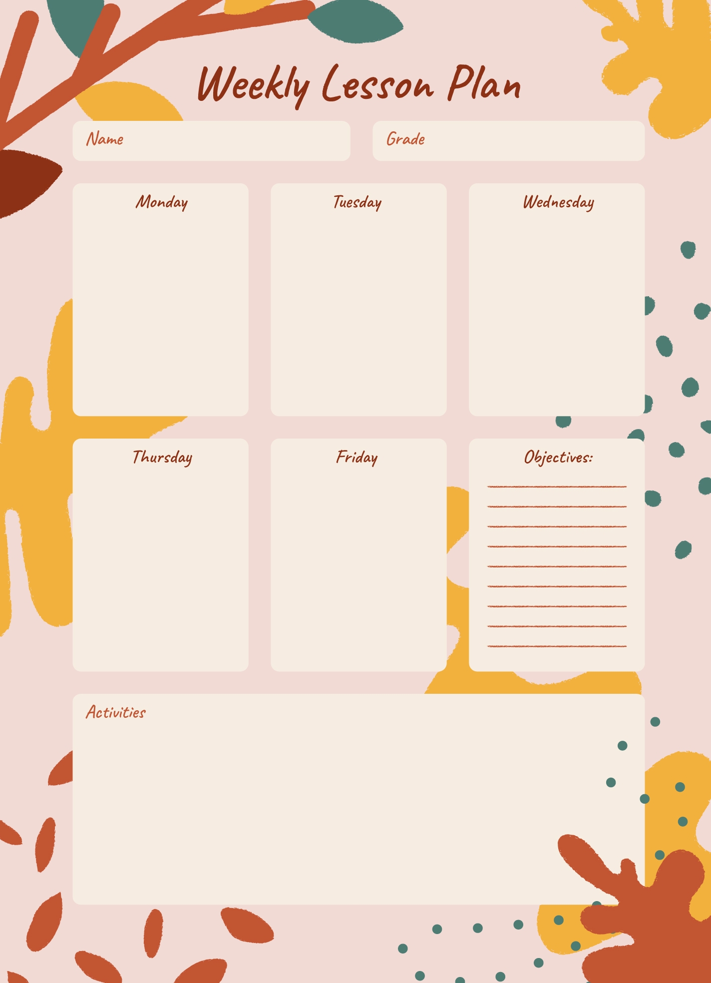 Free Printable Blank Fledgling Lesson Plan