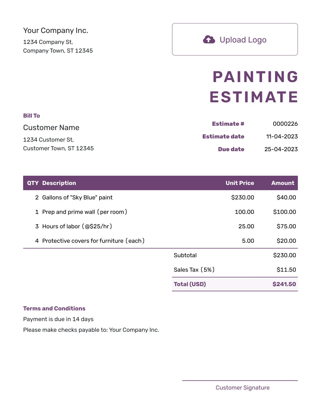 Free Painting Estimate Template Docelf