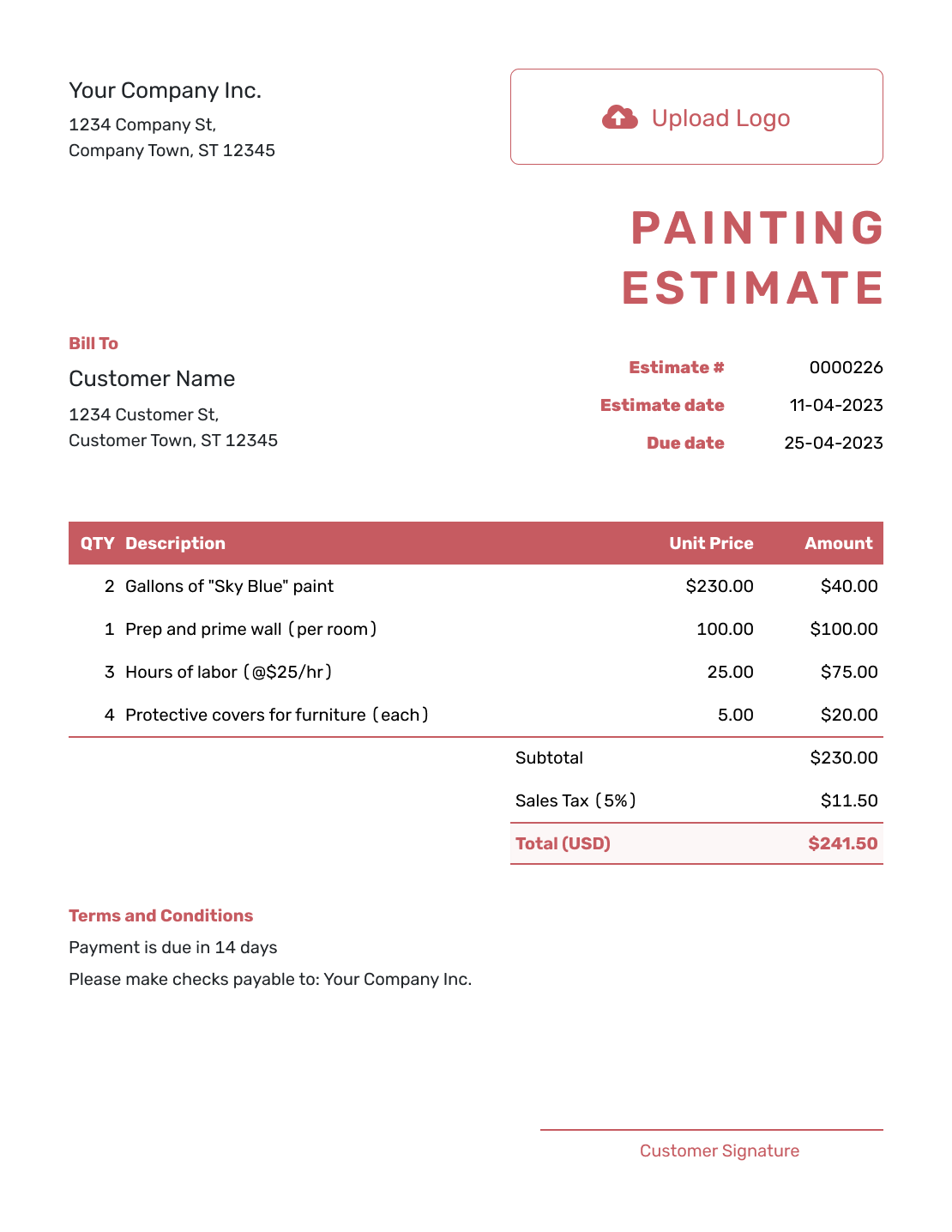 Free Painting Estimate Template Docelf