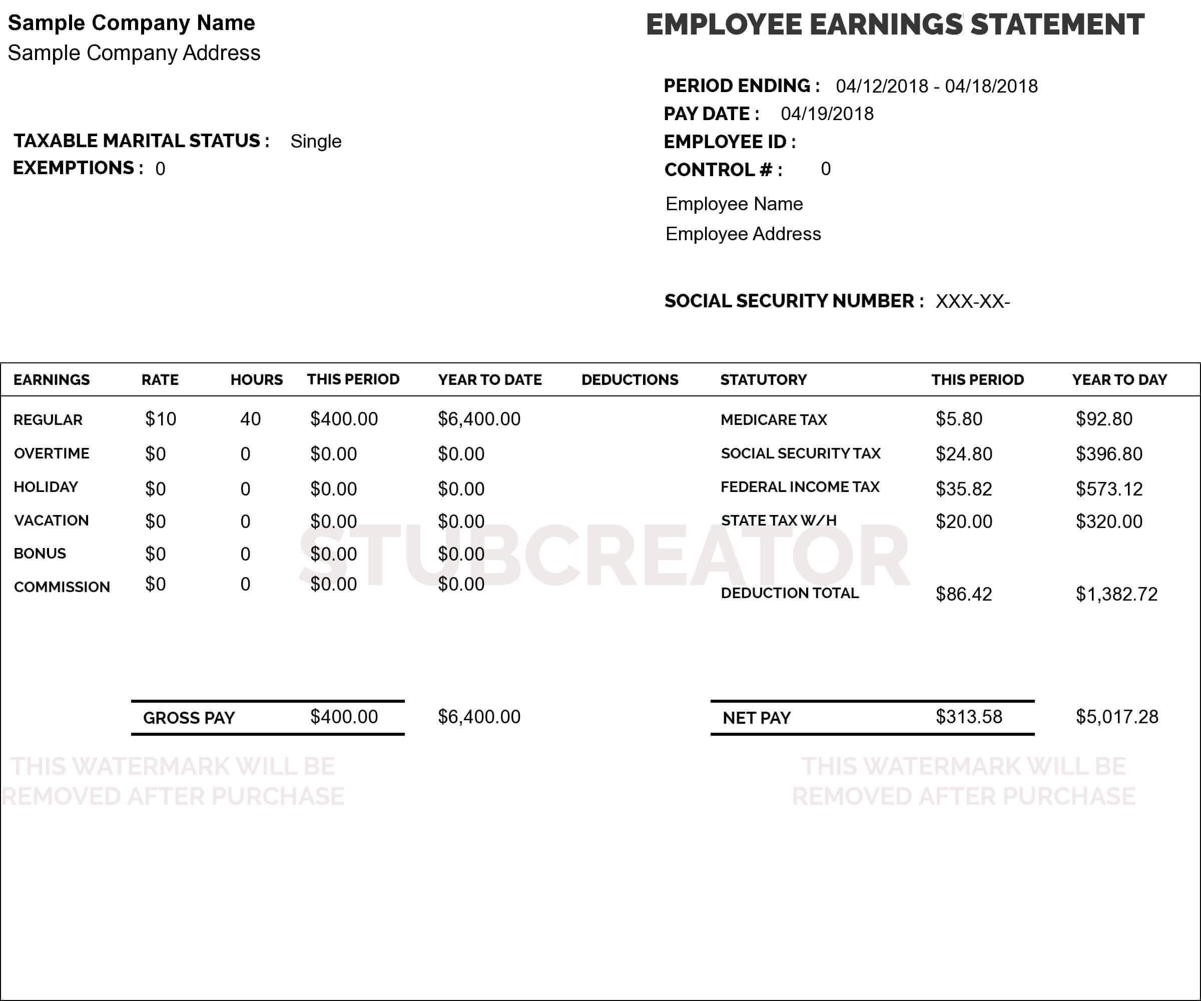 Free Pay Stub Template With Calculator No Watermark Download Sample