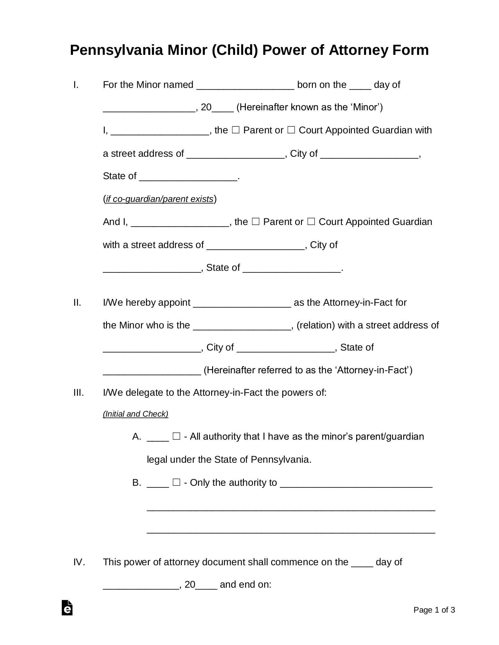 Free Pennsylvania Guardian Of Minor Power Of Attorney Form PDF 