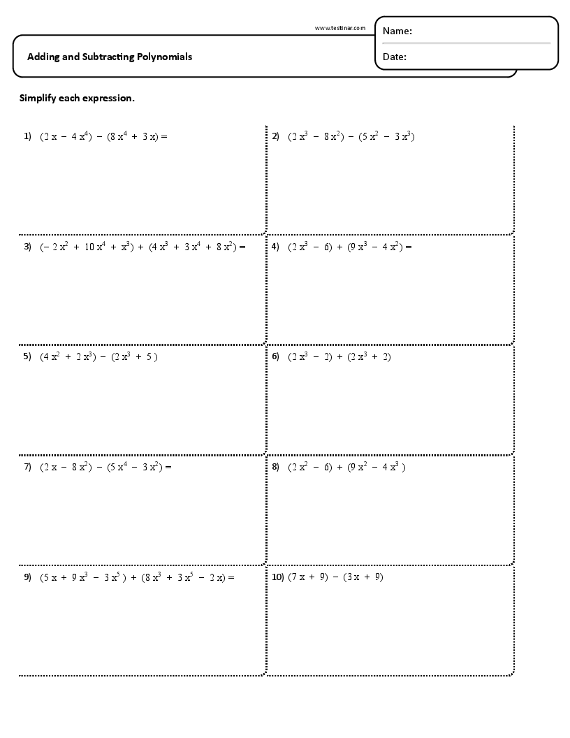 FREE Printable Adding And Subtracting Polynomials Worksheets 