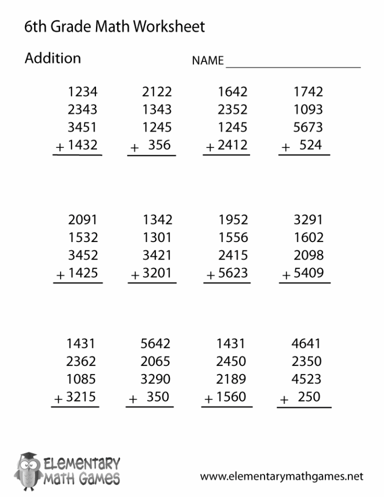 Free Printable Addition Worksheet For Sixth Grade