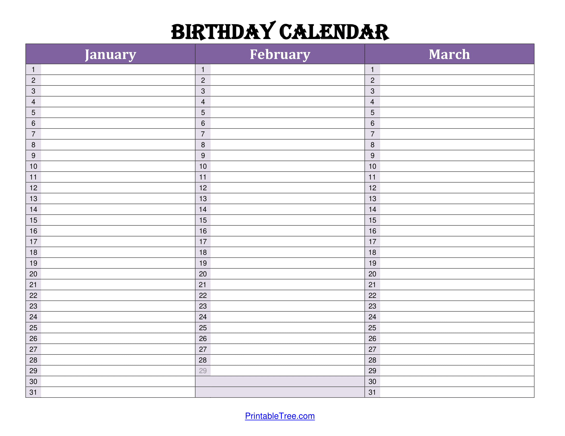 Free Printable Birthday Calendar PDF Templates