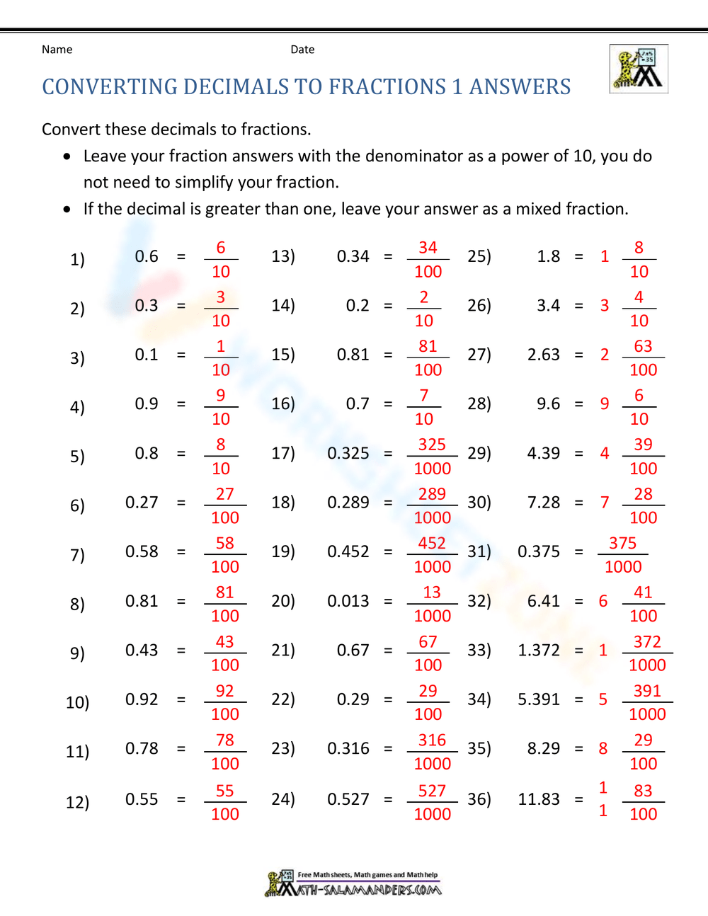 Free Printable Converting Decimals To Fractions Worksheets Worksheets Library Free Printable Converting Decimals To Fractions Worksheets Worksheets Library