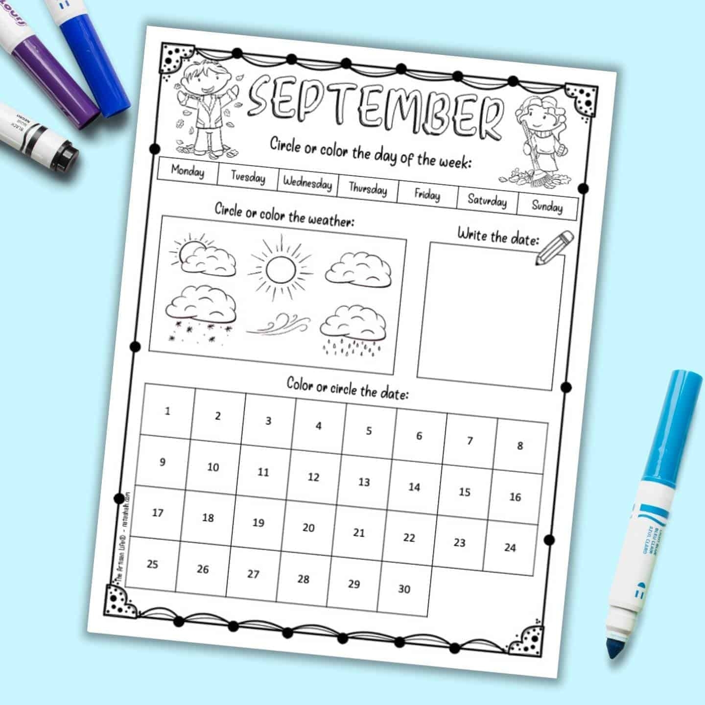 Free Printable September Calendar Worksheet For Kids The Artisan 