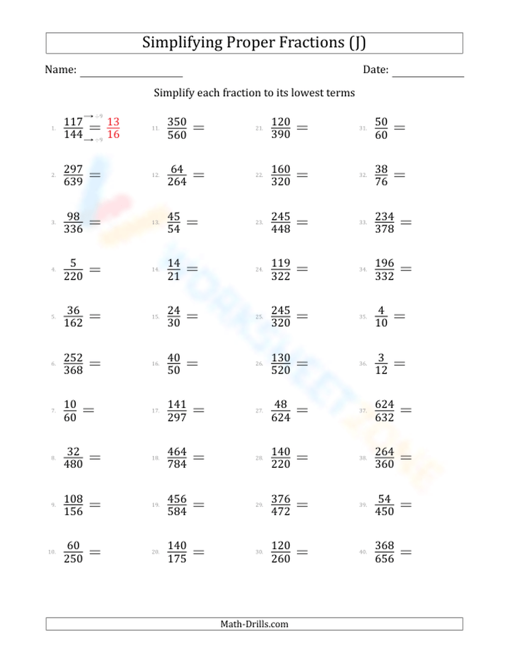 Free Printable Simplifying Fractions Worksheets For Kids 