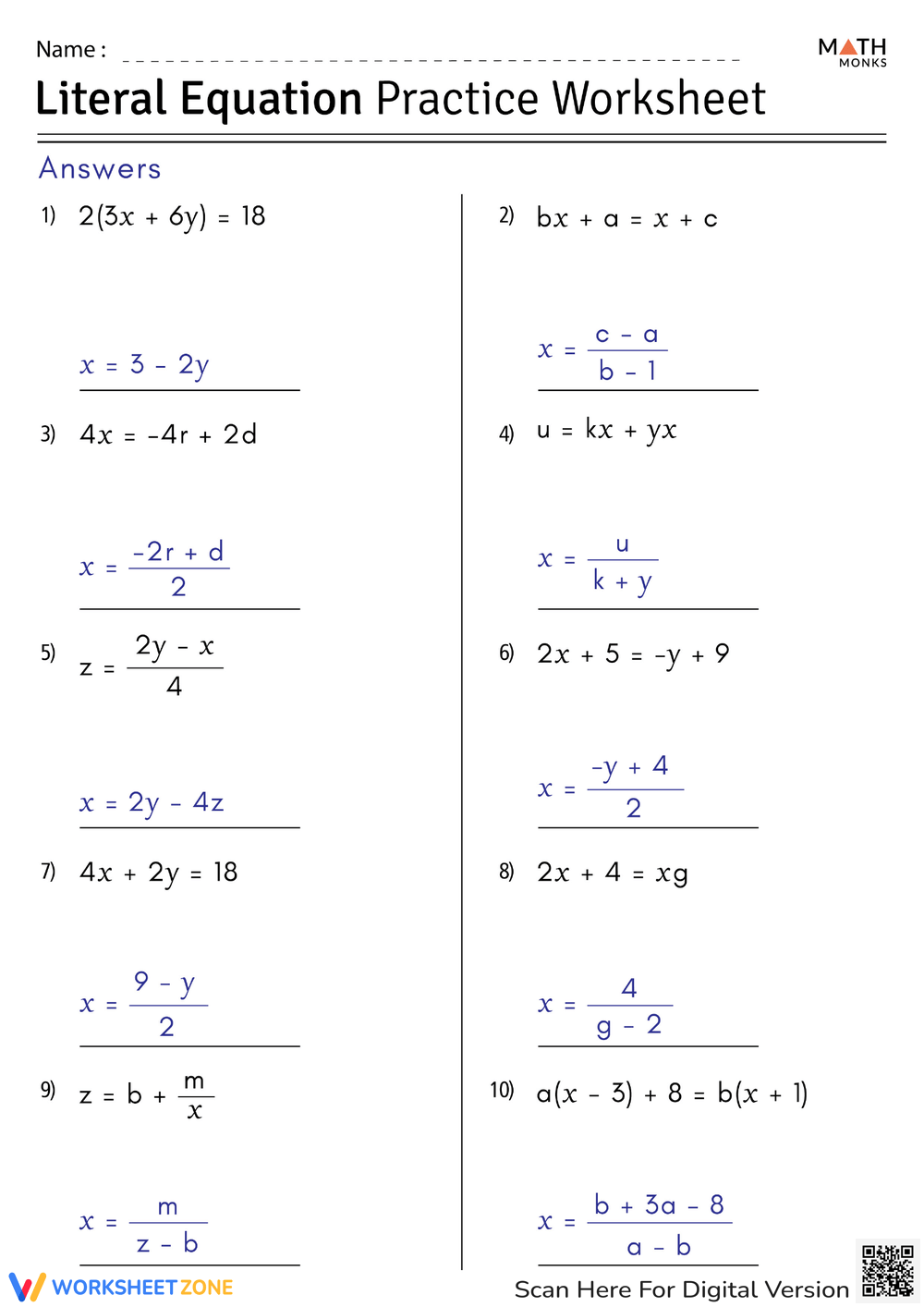 Free Printable Solving Literal Equations Worksheets Worksheets 