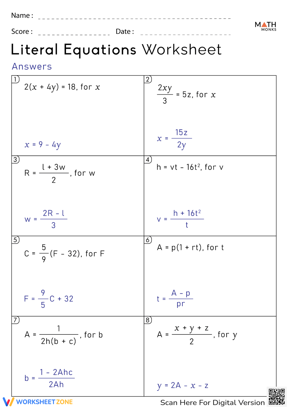 Free Printable Solving Literal Equations Worksheets Worksheets 