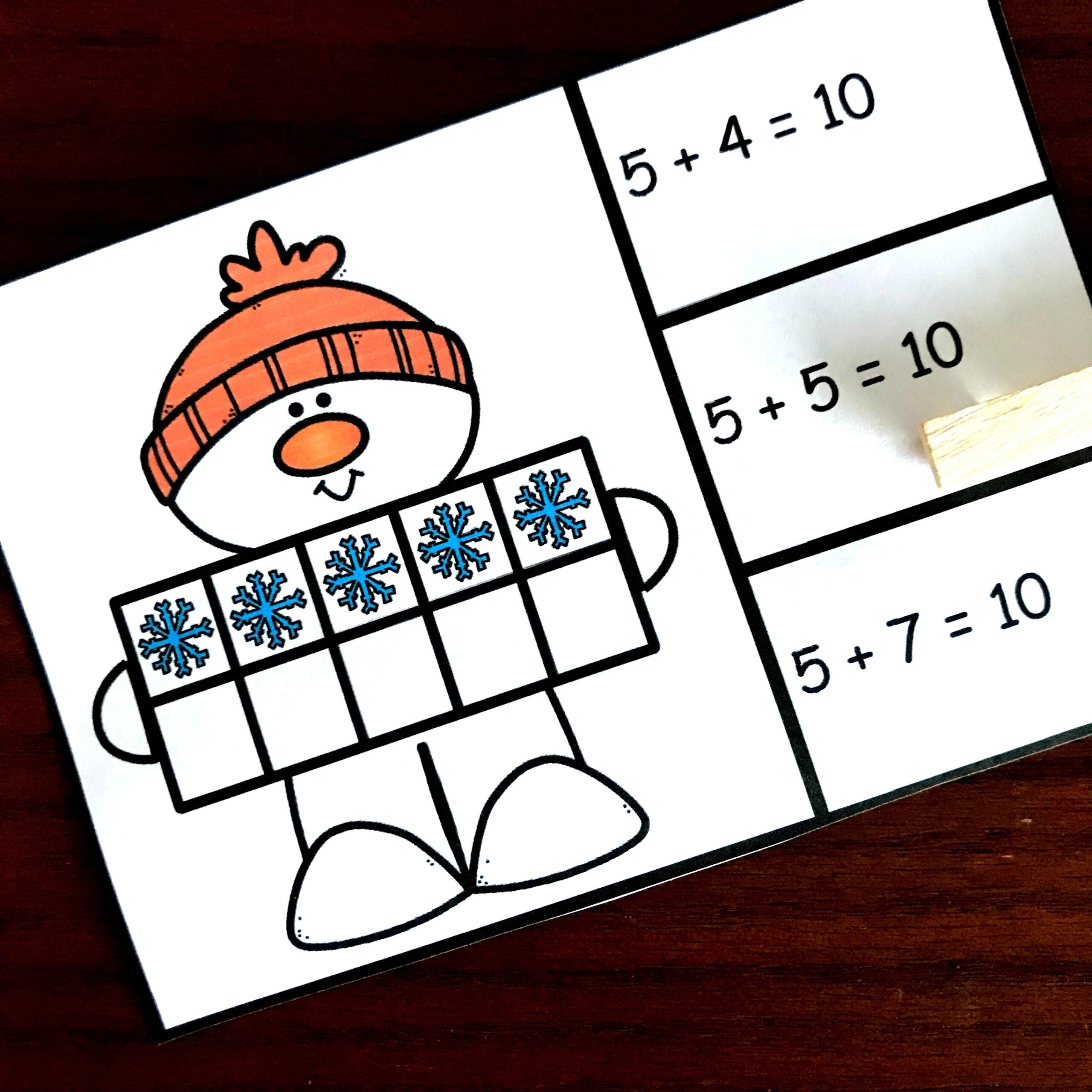  FREE Printable Winter Snowman Math Addition Within 10 Clip Cards