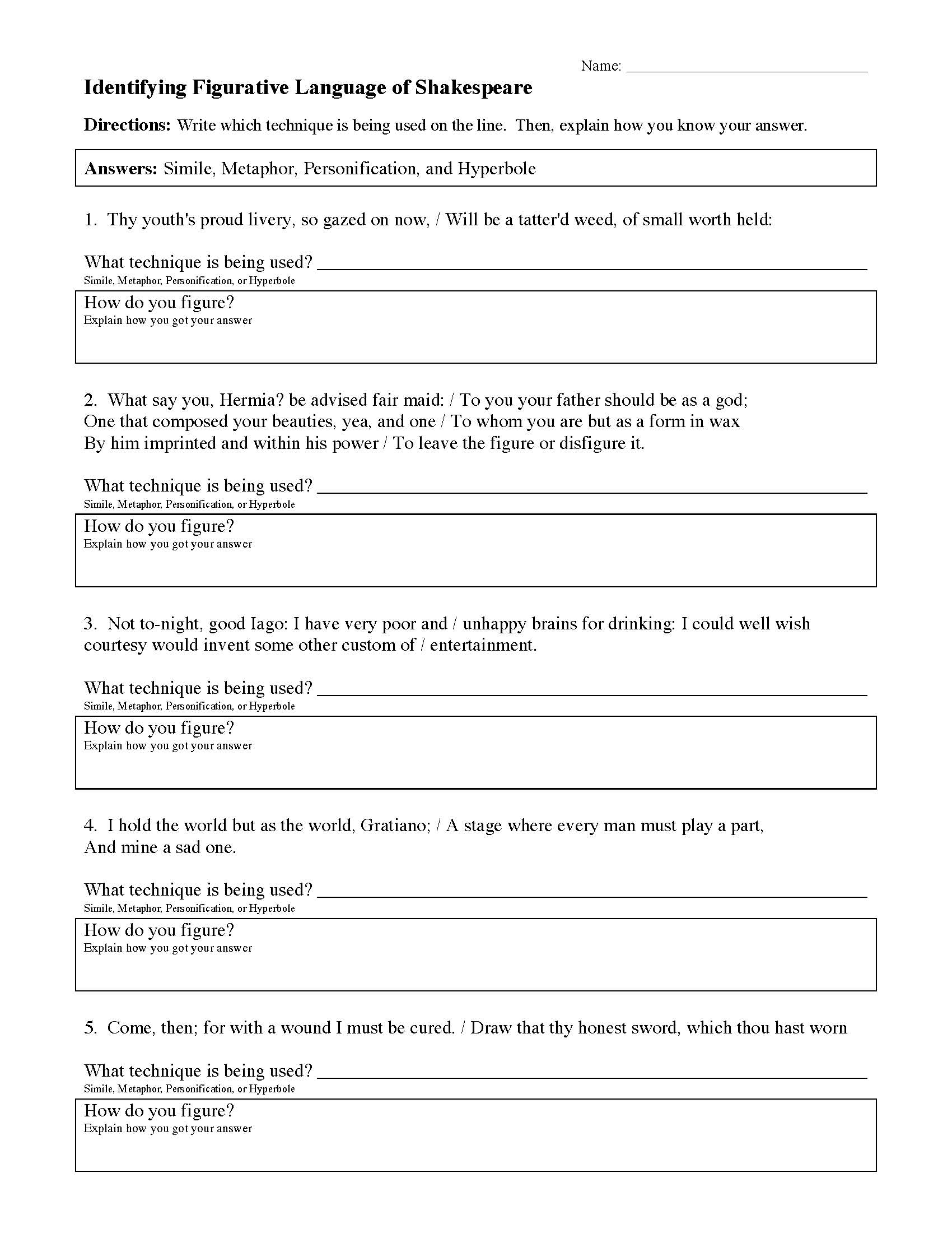 Free Shakespeare Language Worksheet Download Free Shakespeare 