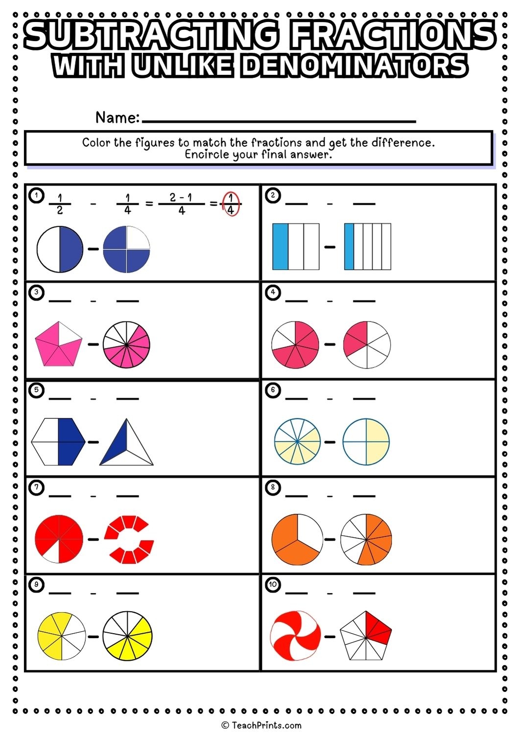 Free Subtracting Fractions With Unlike Denominators Worksheets Teach Prints