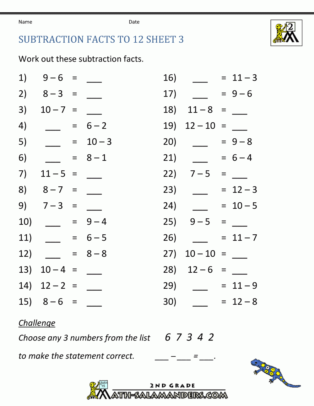 Free Subtraction Worksheets To 12