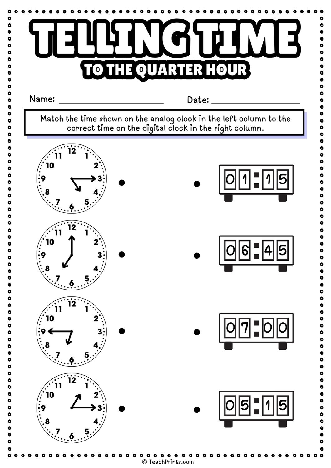 Free Telling Time To The Quarter Hour Worksheets Teach Prints
