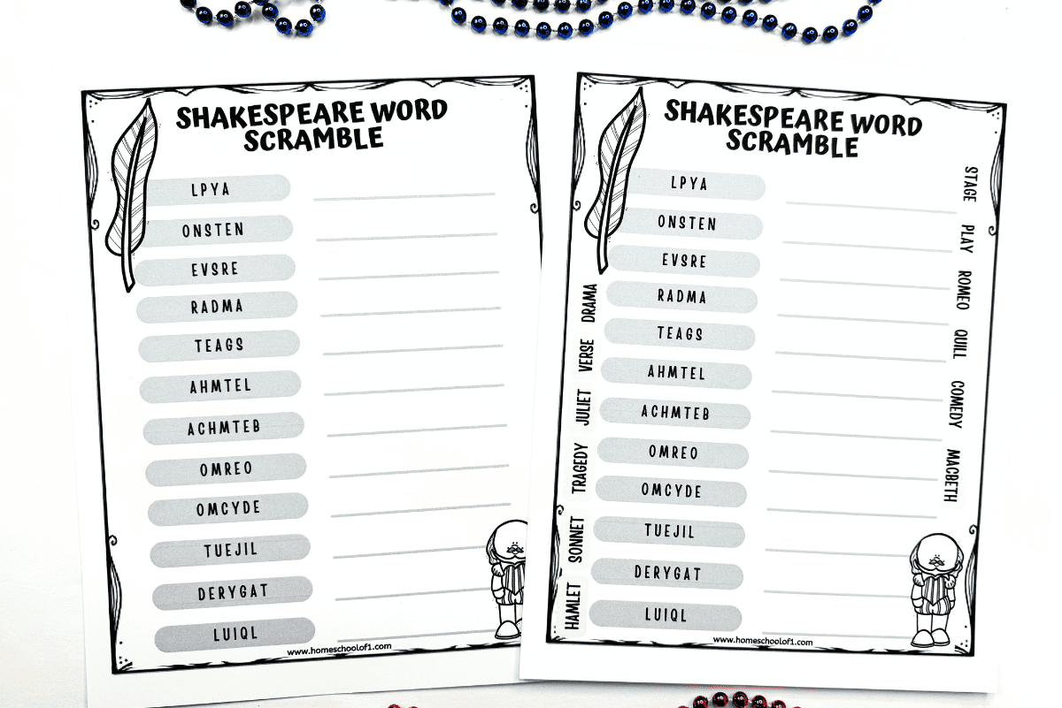 Free William Shakespeare Word Scramble Printable