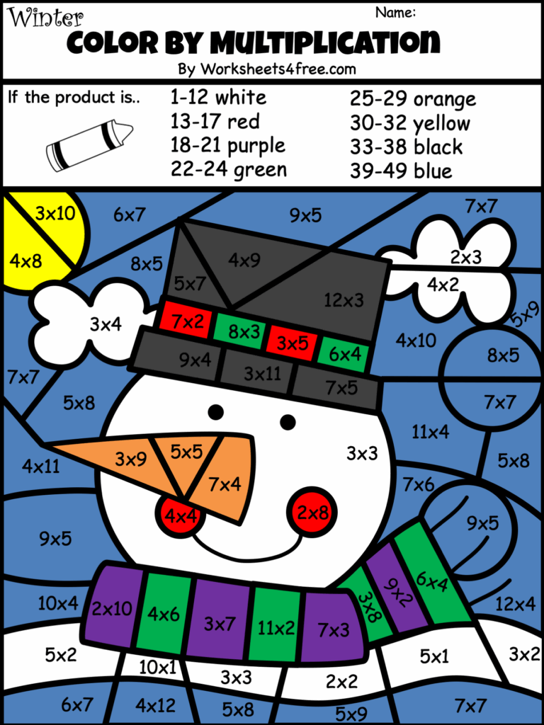 Free Winter Snowman Color By Code Multiplication Worksheet Worksheets4Free
