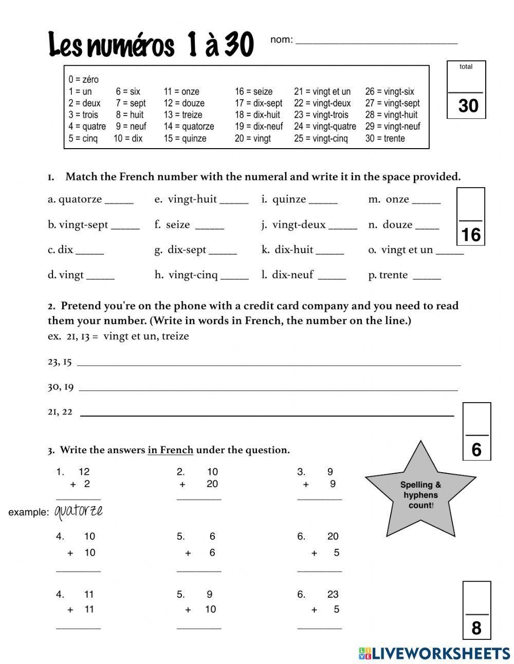 French Numbers 1 30 Worksheet Live Worksheets Worksheets Library
