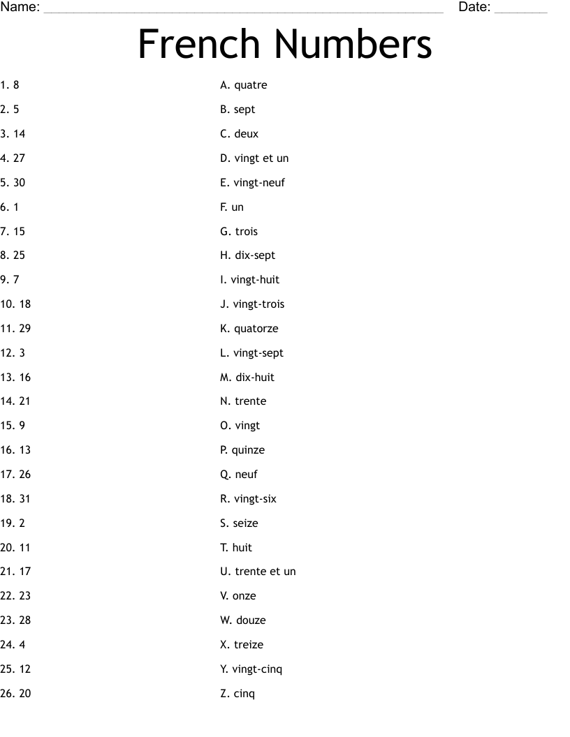 French Numbers Worksheet WordMint