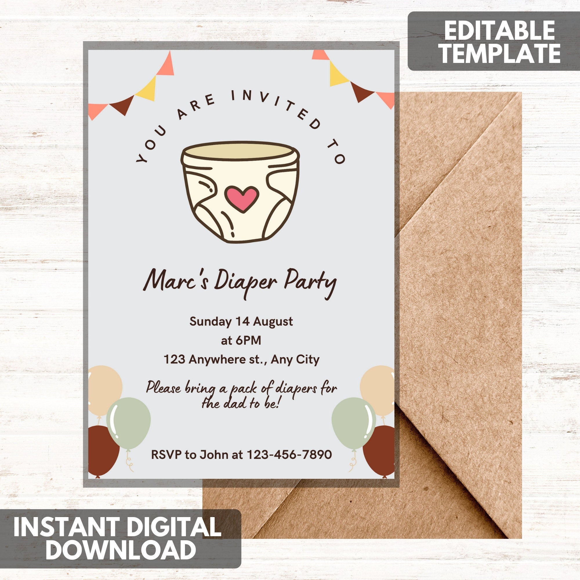 Fun Diaper Party Invitation Instant Digital Download Editable Template Etsy