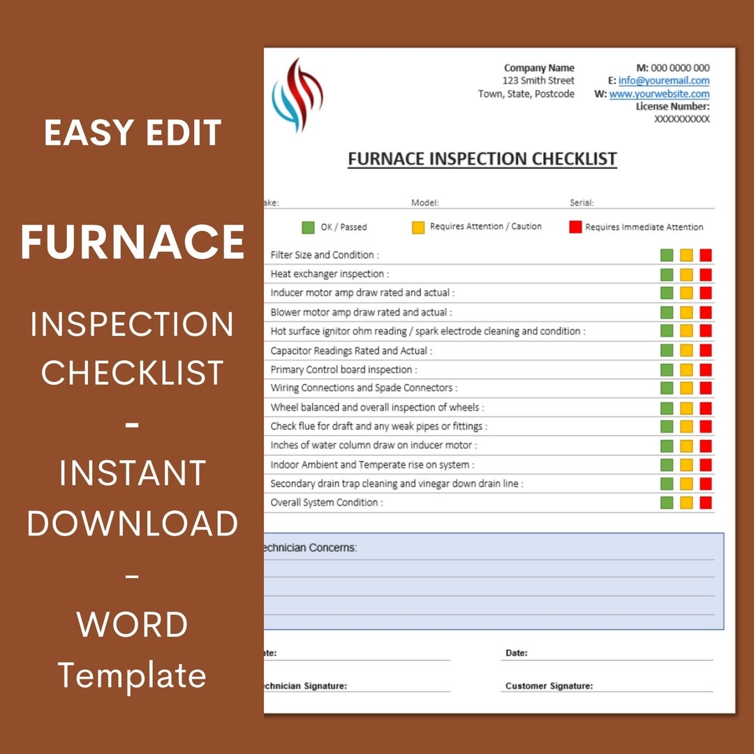 FURNACE Inspection Checklist Air Conditioning HVAC Inspection Preventative Maintenance Inspection Checklist MS Word Template Etsy