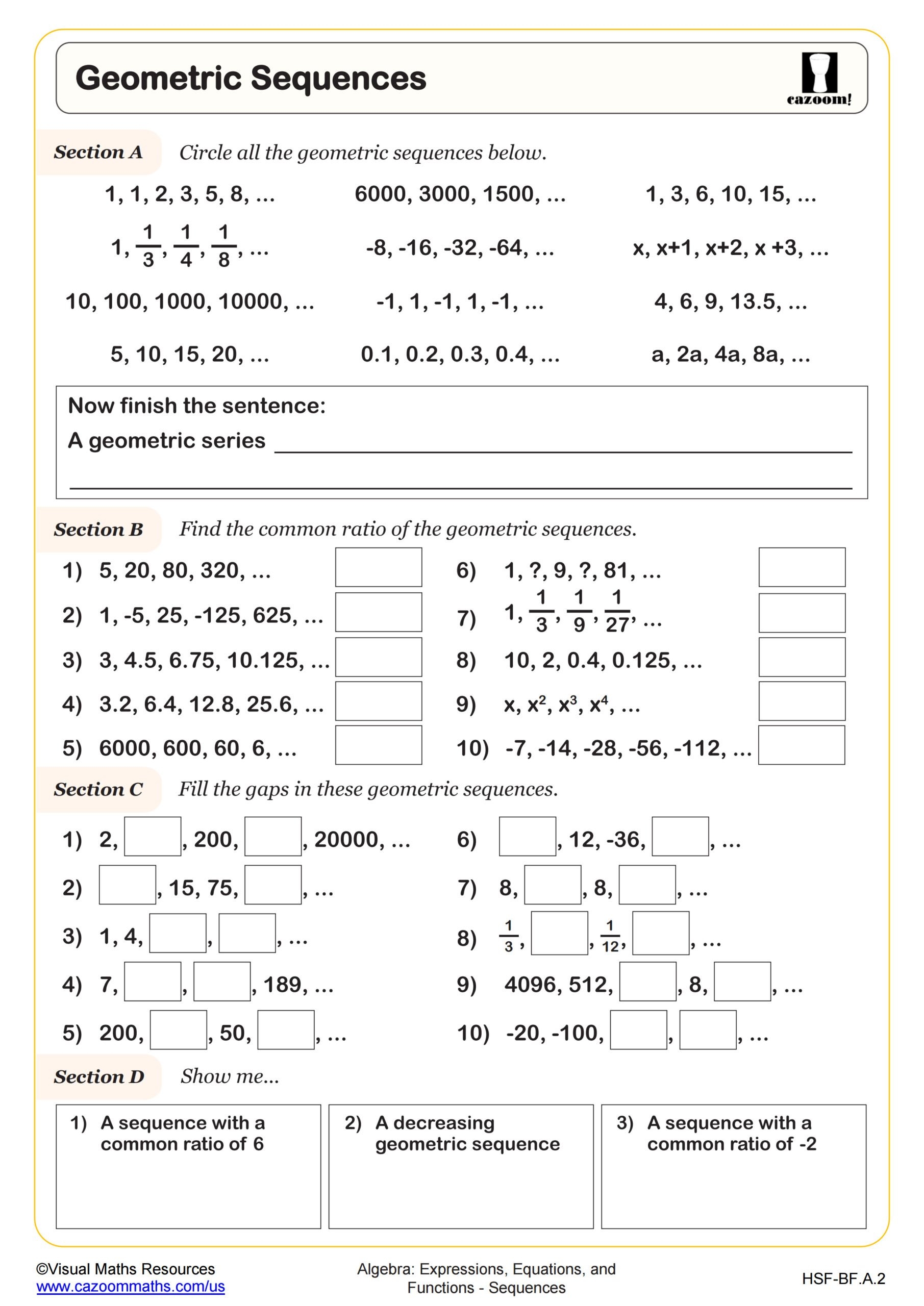 Geometric Sequences Worksheet PDF Printable Algebra Worksheet