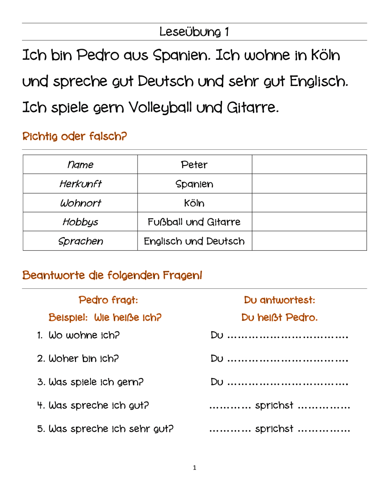 German Level A1 Reading Exercise W Answers Exercises German 