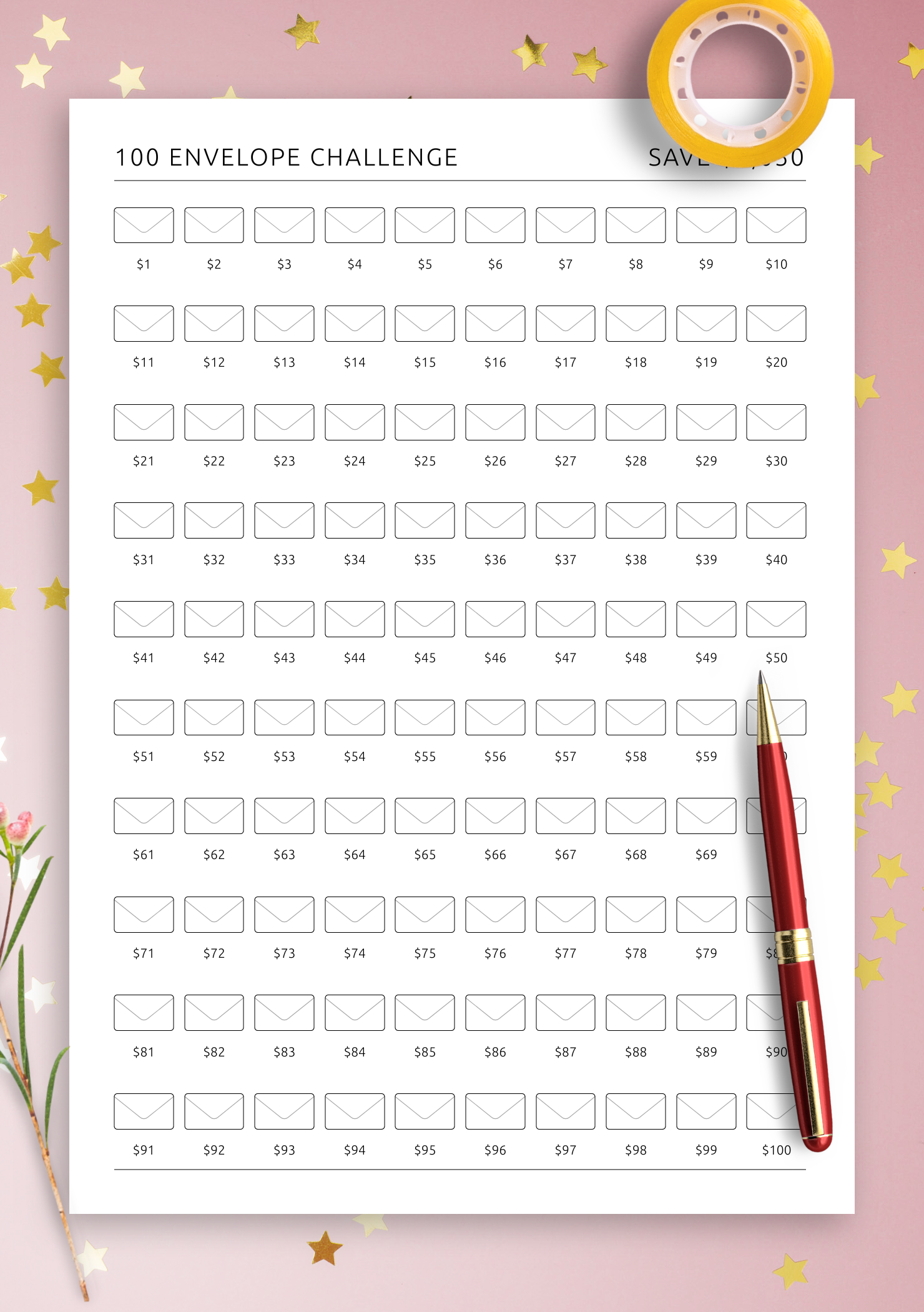 Get 100 Envelope Challenge Template Printable Or Digital PDF For ReMarkable Kindle Boox Get 100 Envelope Challenge Template Printable Or Digital PDF For ReMarkable Kindle Boox